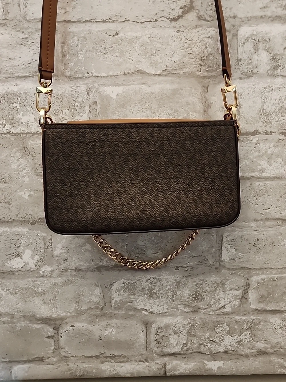 Michael Kors Brown Logo Crossbody with‎ Gold Chain